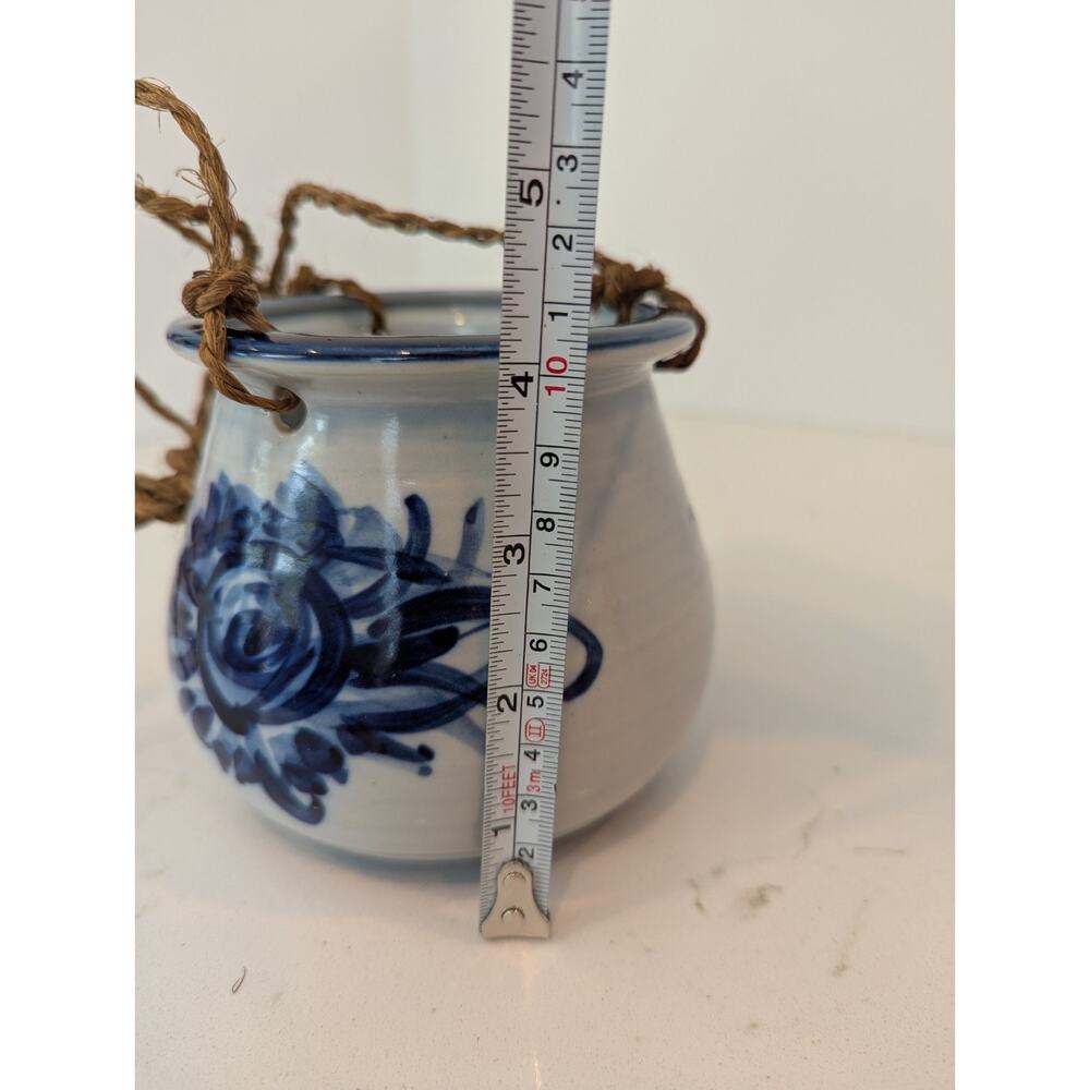 Ceramic Hanging Planter, Cobalt Blue Design, Japan Made, Boho Grandmillennial - Picture 10 of 11